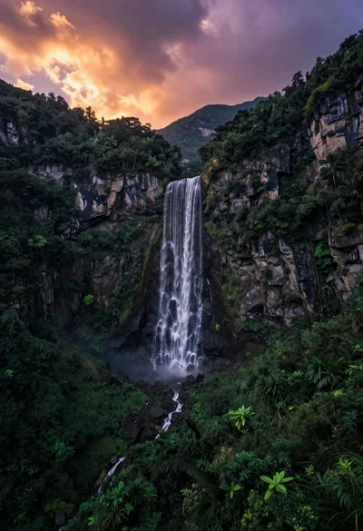 High angle wide shot of a majestic waterfall cascading into lush green