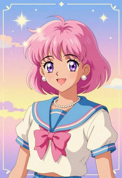 Anime girl in pastel school uniform under colorful sky