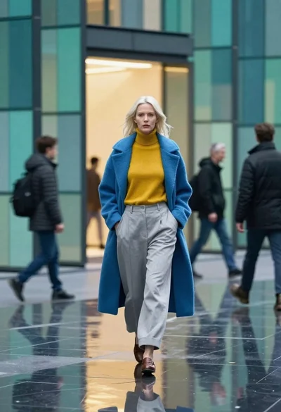 Woman walking through teal glass architectural space