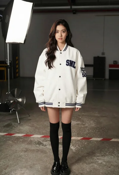 Young woman in white varsity jacket standing in industrial studio setting