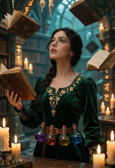 Young woman in emerald velvet dress among floating books in mystical library