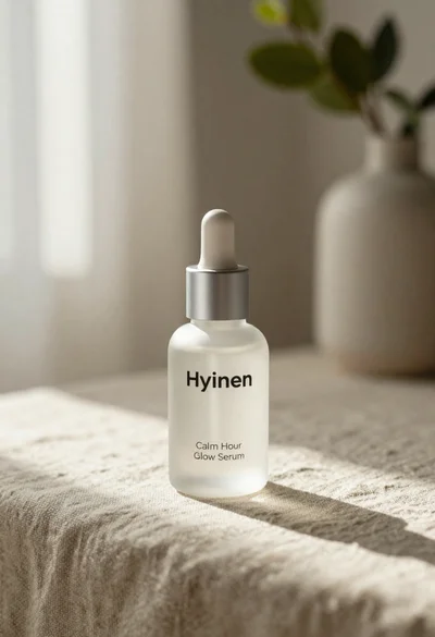 Frosted glass serum bottle with silver pump on beige linen cloth