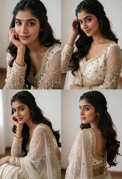 Portrait of young woman in ornate cream lehenga choli against minimalist background