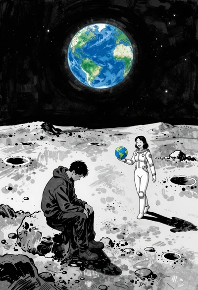 Man and woman on moonscape under starry sky