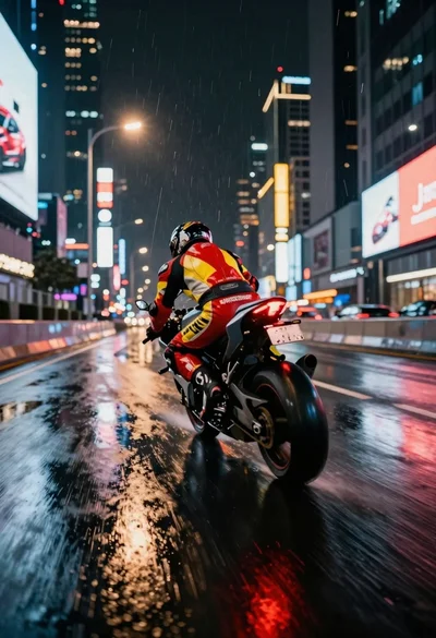 Motorcyclist racing on a rain slicked city highway at night