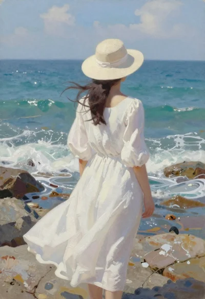 Woman in white dress on rocky shoreline by ocean