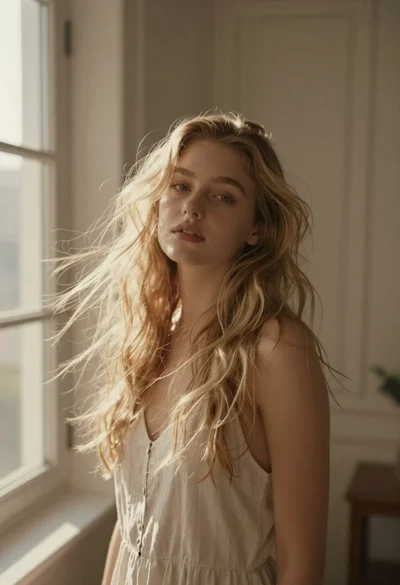 Fair skinned woman with long blonde hair standing indoors near a window