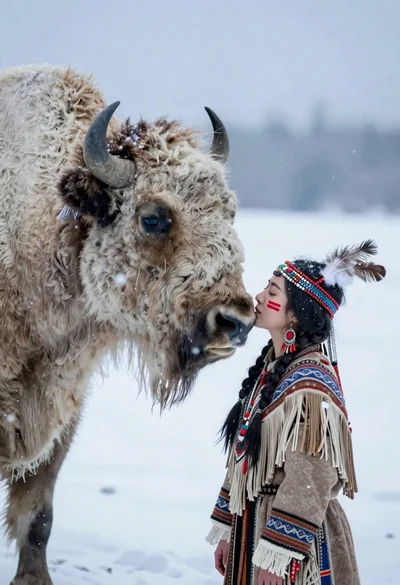 Woman in regalia nuzzling white bison in falling snow
