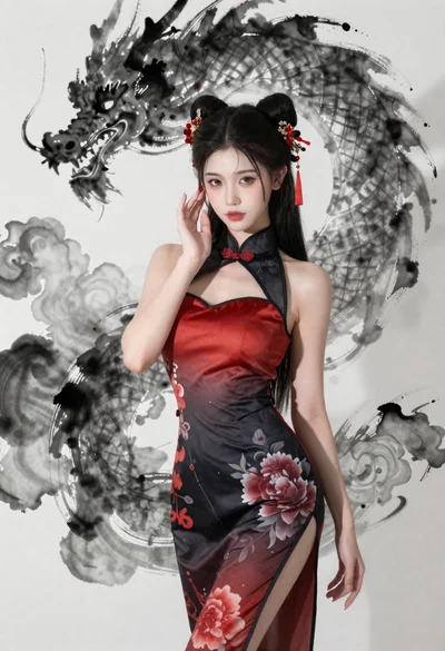 Young woman in cheongsam against ink wash dragon background