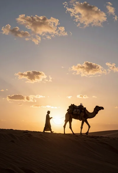 Dramatic silhouette of man leading camel across desert ridge at vibrant sunset