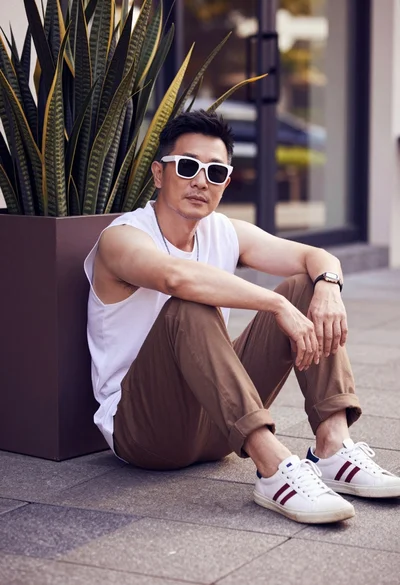 Man sitting on paved ground near planter box in urban setting