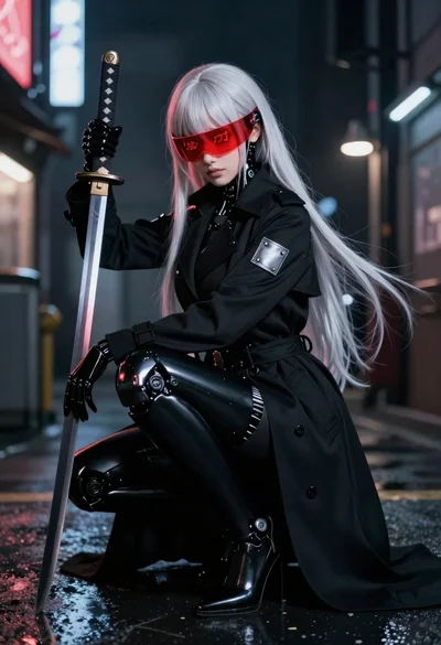 Cybernetic figure with katana in a neon alleyway