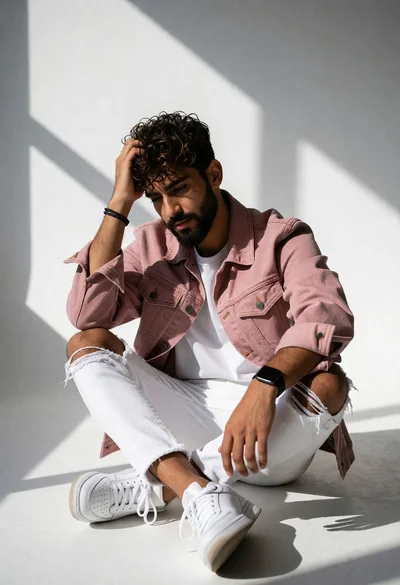Young man with dark curly hair sitting cross legged in minimalist studio