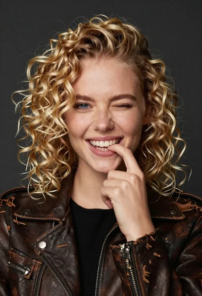 Portrait of young woman with curly blonde hair winking and smiling