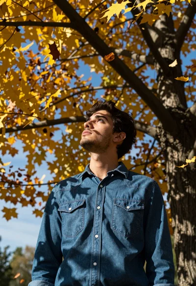 Young man looking up under large tree with falling autumn leaves
