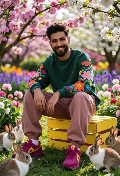 Young man smiling with rabbits in a lush garden filled with blossoms