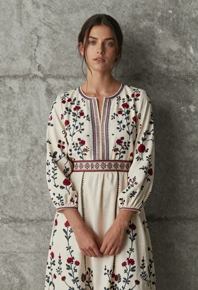 Young woman in floral dress against textured grey concrete wall