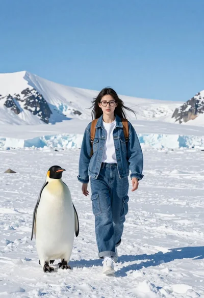 Young woman and emperor penguin walking across snowy polar landscape