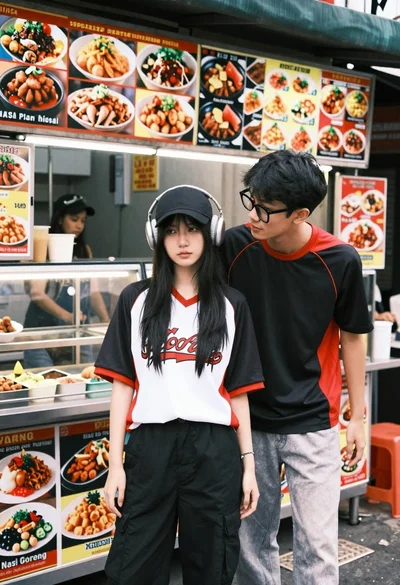 Young couple posing in front of a busy street food stall at