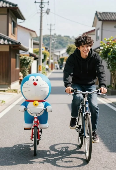 Young man and blue robotic cat riding bicycles down a sunny street