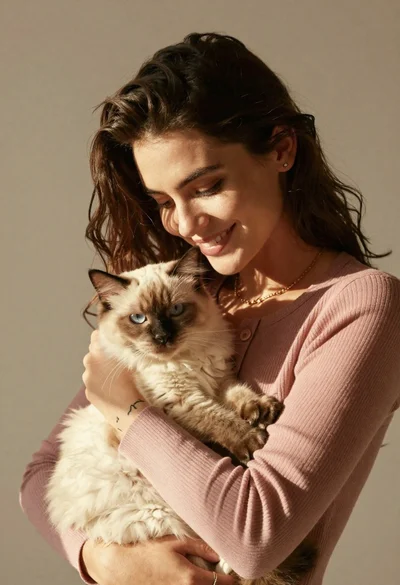 Smiling young woman holding a fluffy cream cat against neutral background