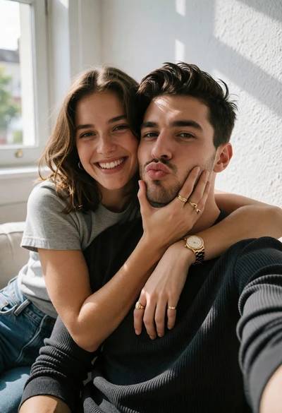 Close up selfie of smiling woman hugging man indoors by window light