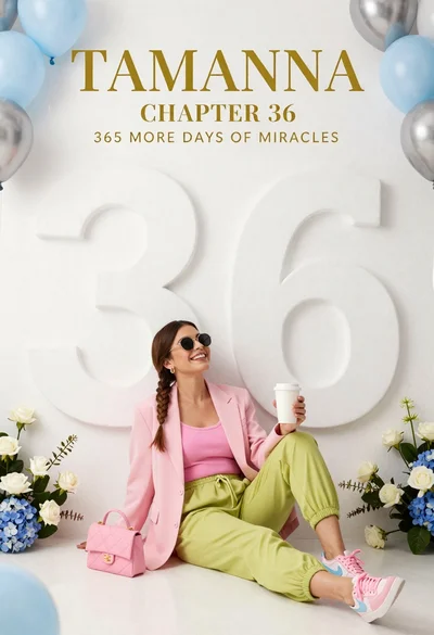 Smiling woman in pink blazer sitting against white wall with number 36