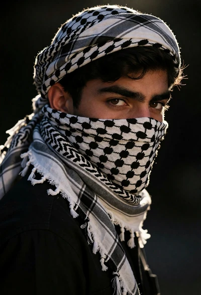 Close up portrait of young man wearing checkered keffiyeh looking over shoulder