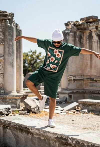Man balancing dynamically on concrete beam amidst weathered stone ruins outdoors