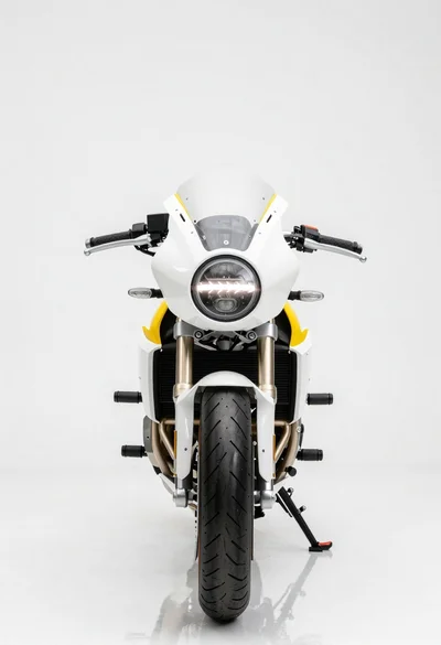 Futuristic cafe racer motorcycle in a studio setting