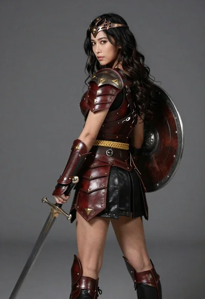 Female warrior portrait in detailed bronze and leather armor