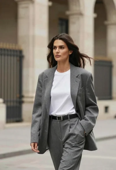 Woman in blazer walking through urban architecture with flowing dark hair