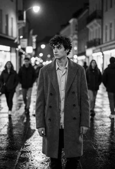 Young man in wool overcoat standing on wet city street at night