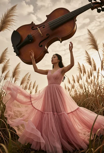 Woman in pink gown beneath floating violin amidst pampas grass