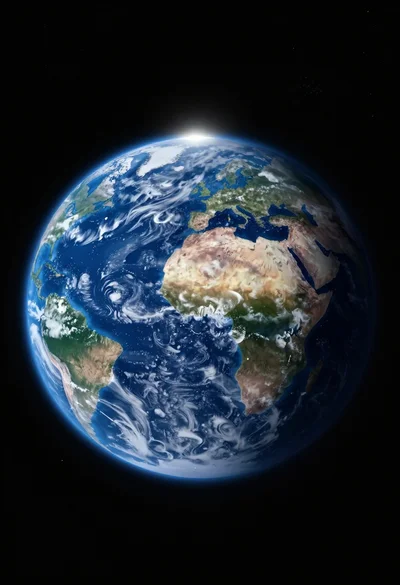 Photorealistic view of earth planet floating in vast dark space background