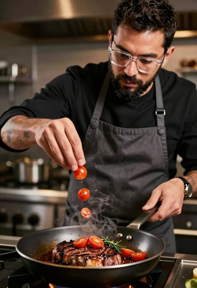 Close up cinematic shot of male chef seasoning searing steaks in professional