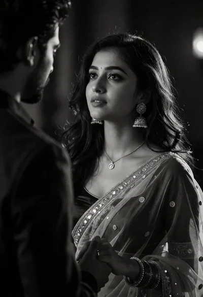 Cinematic black and white portrait of woman gazing at man from over