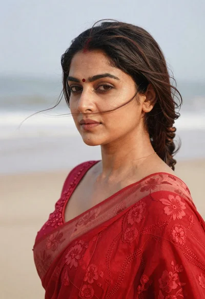 Profile portrait of woman with dark hair on a soft beach