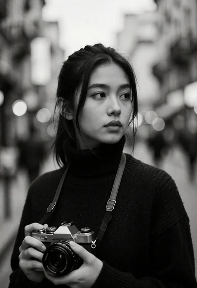 Young woman in turtleneck holding camera on a blurred urban street