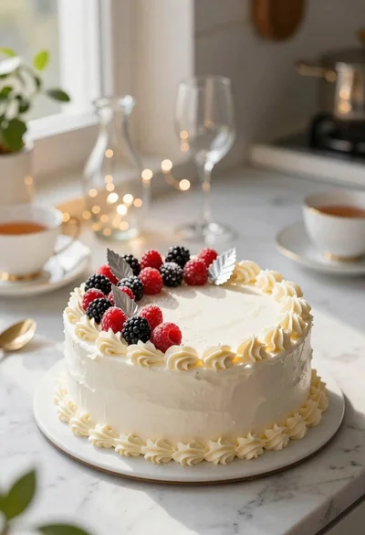 Elegant dessert cake on marble countertop with berries