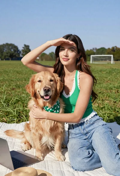 Young woman with brown hair holding golden retriever in sunny field