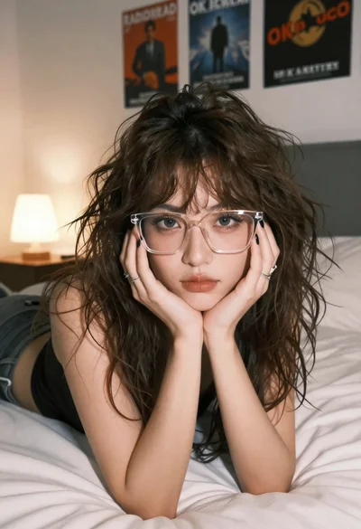 Young woman with brown hair and glasses lying on a bed in