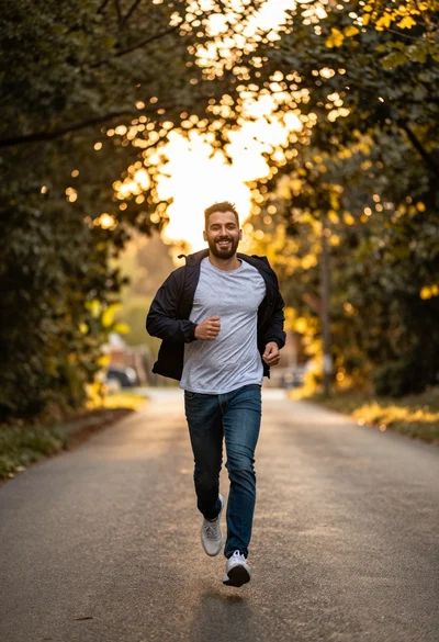 Smiling man running joyfully down paved road through sunlit trees