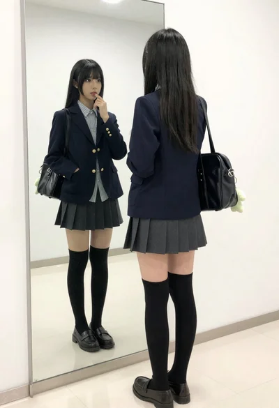 Young woman in school uniform looking at reflection in full length mirror