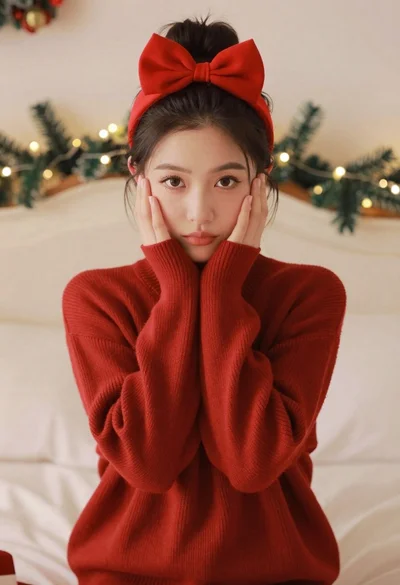 Young woman in red sweater sitting on bed during christmas season