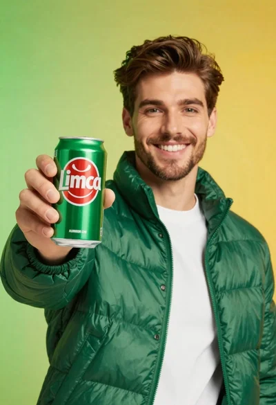 Young man holding green limca soda can in front of gradient background