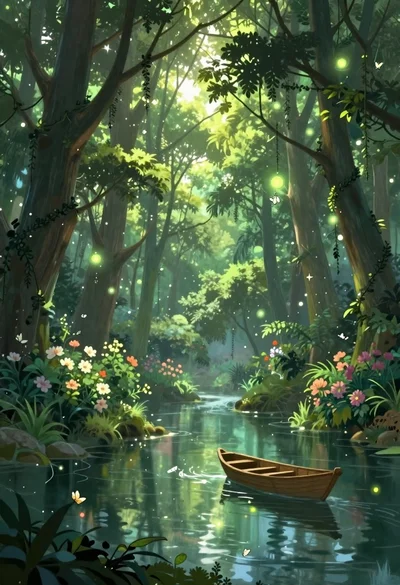 Enchanted forest scene with glowing atmosphere and light particles