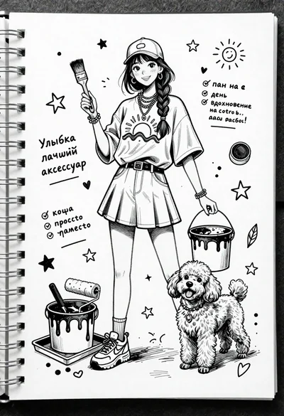 Black and white ink sketch of young woman with poodle on sketchbook