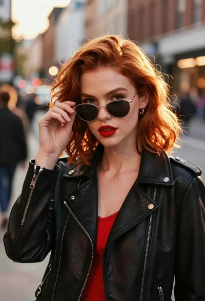 Stylish young woman with red hair adjusting sunglasses on city street