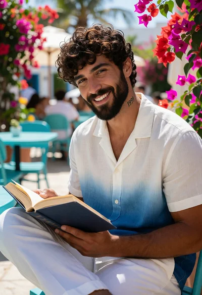 Handsome man reading book outdoors at cafe surrounded by bougainvillea flowers